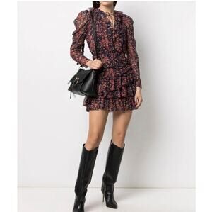 NWT Ulla Johnson Cecily Cosmos Silk Ruched Long Sleeve Ruffled Mini Dress 10